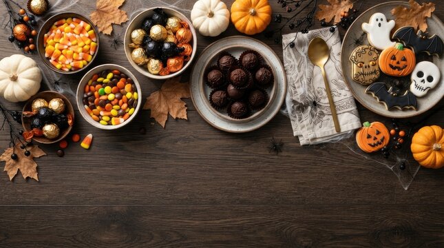 Halloween background with bowls of candy cookies pumpkins on a wooden table autumn leaves trick or treat flat lay pumpkins with copy space