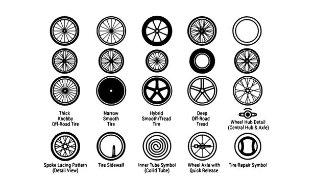 Bicycle wheel silhouettes and tire icon collection in minimalist outline vector style