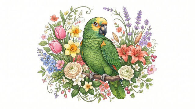 Green parrot with yellow head amidst colorful spring flowers