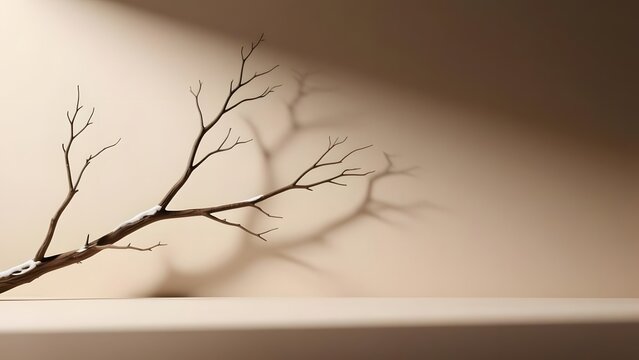 Minimalist dry branch with shadow on beige wall background, aesthetic product display podium backdrop, elegant organic beige presentation surface