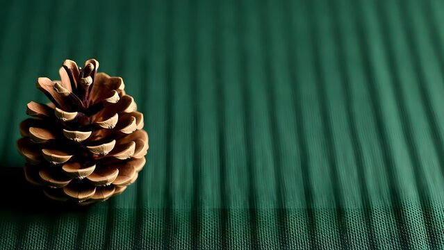 Rustic Pine Cone on Green Ribbed Fabric, Festive Natural Botanical Decoration, Minimalist Holiday Banner Background