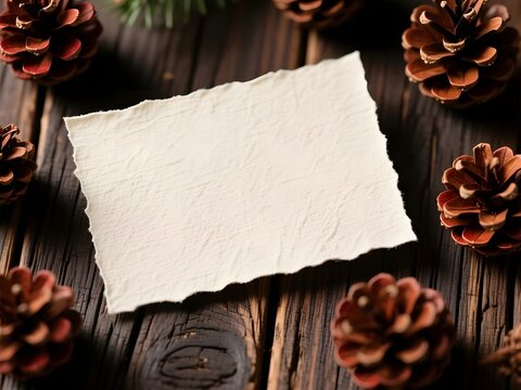 Rustic Christmas card mockup on dark wooden background, blank textured paper note with pine cones, holiday invitation template space