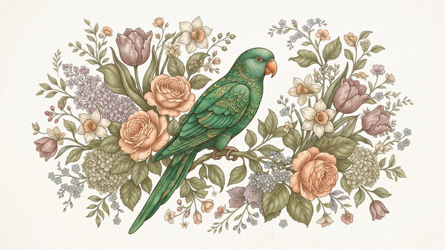 Green parrot surrounded by vintage roses and hydrangeas