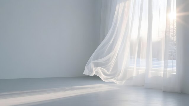 White blowing sheer curtains in bright airy room interior, sunlight streaming through open window, clean empty space background