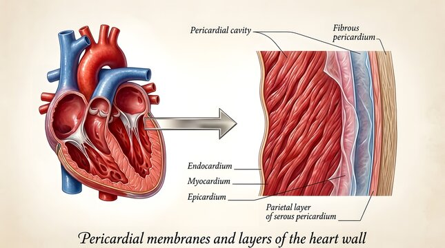 Medical illustration of the human heart wall layers and pericardial membranes for education.