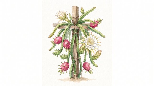 Watercolor illustration of dragon fruit cactus plant with flowers and fruits on a wooden cross support