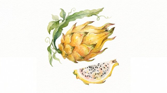 Watercolor illustration of yellow dragon fruit with a slice