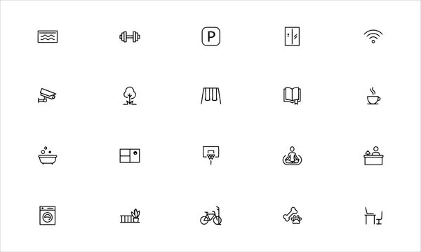 Building amenities vector line icons set with editable stroke. Real estate facility, property features, apartment, and hotel amenity icon bundle.