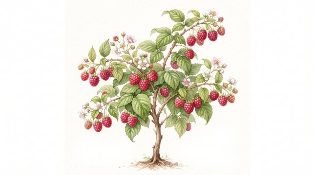Watercolor raspberry plant illustration with fruits for product packaging, food menus, label design, wall art, and textile prints.