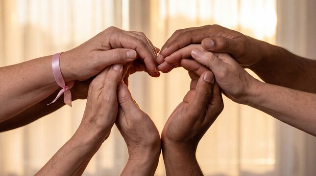 Four aged hands forming a heart shape with interlocking fingers, a soft pink awareness ribbon on a wrist, captured in gentle warm indoor lighting