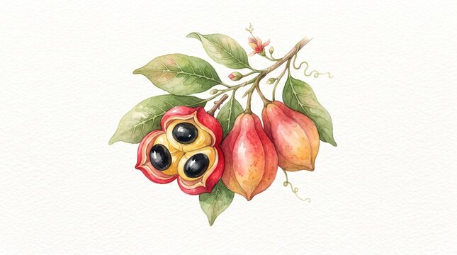 Watercolor ackee fruit illustration on a branch for product packaging