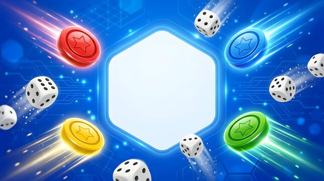 3D gaming background with flying dice and casino chips, blue digital game banner frame template, vibrant board game ui design background