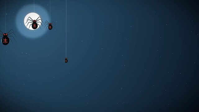 Kawaii animated halloween spiders dropping down on webs under a starry night sky with a full moon movement graphic