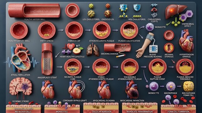 Medical illustration showing atherosclerosis stages from fatty streak to plaque rupture in artery.