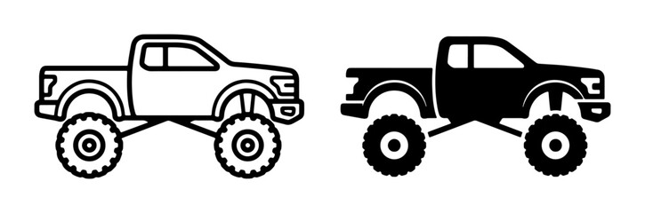Monster Truck Icons, Off-Road Vehicle Graphics, Lifted Pickup Truck Vector Art, Mudding Transportation Symbols, Rugged 4x4 Design Elements © Saifa