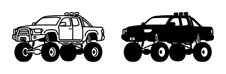 Monster Truck Icons, Off-Road Vehicle Silhouettes, Extreme 4x4 Trucks, Rugged Pickup Designs, Adventure Transportation Graphics © Saifa