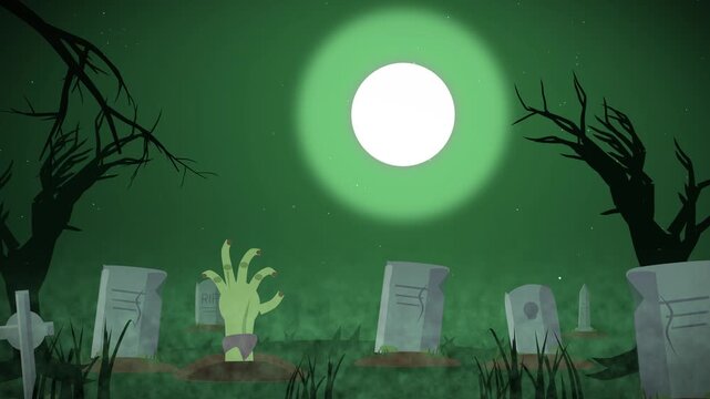 Playful cartoon zombie hand animation rises from grave in misty green graveyard under spooky full moon at night