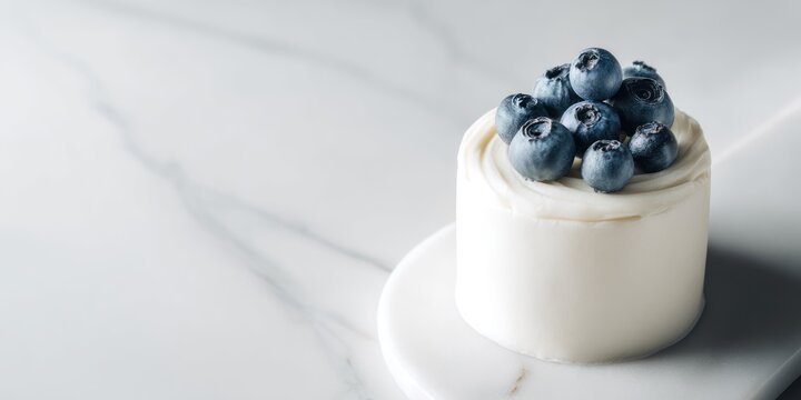 A small, white cake sits on a white, circular plate. A cluster of dark blue blueberries adorns the top of the cake, partially covered with a swirl of white frosting. 
