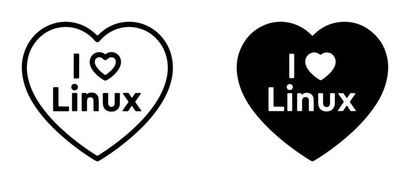 I Love Linux Heart Icons, Vector Graphics, Open Source Software, Technology Symbols, Black and White Design