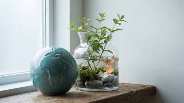 Blue ceramic globe and green plant jar on wooden shelf by window