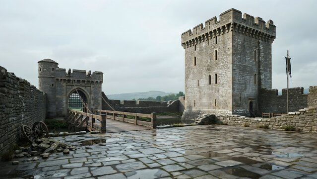 Historic stone castle with towers and drawbridge on cloudy day