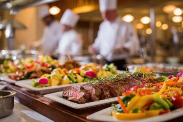 Obraz premium Buffet table with grilled meat and fresh salad