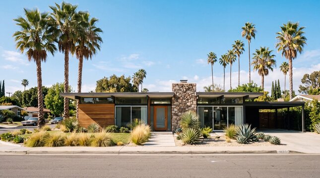Mid-Century Modern House with Palm Trees and Desert Landscaping