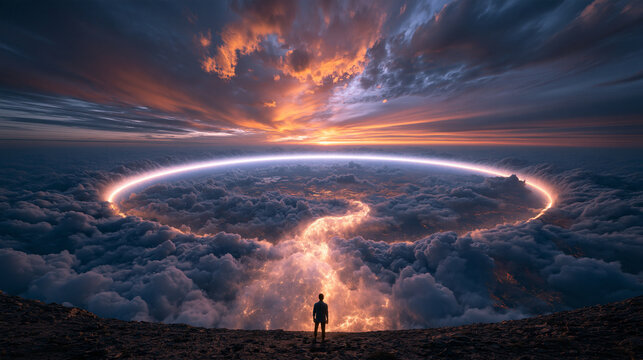 Man Standing on Summit Looking at Glowing Portal in Clouds