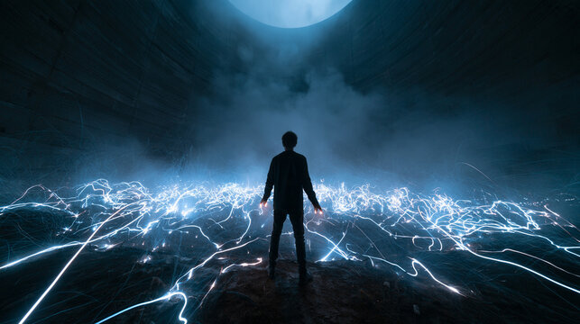 Silhouette of Man Standing Amid Glowing Electrical Energy Sparks