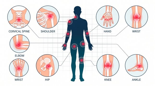 Human body pain points illustration with highlighted areas