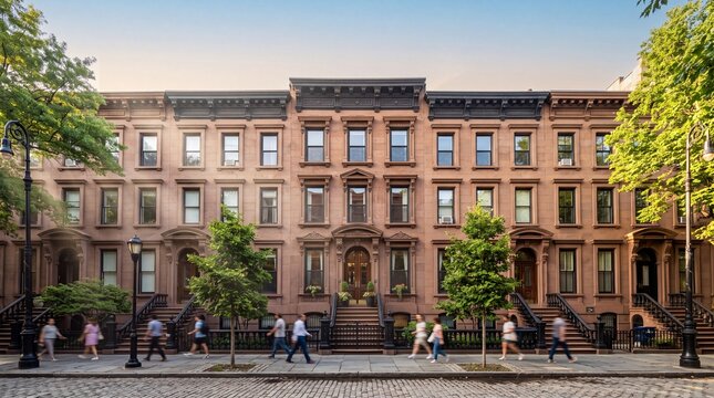 Historic Brownstone Townhouses on Cobblestone Street with Pedestrians