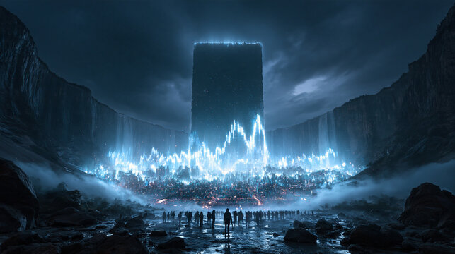 Futuristic Glowing Monolith in Canyon with Silhouette Crowd