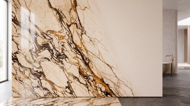Luxury Bathroom Interior with Marble Wall Panel and Copy Space