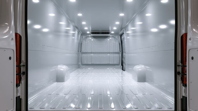Empty Cargo Van Interior with Bright LED Lights, Spacious Metal Floor, and Smooth White Walls for Transportation or Storage Use