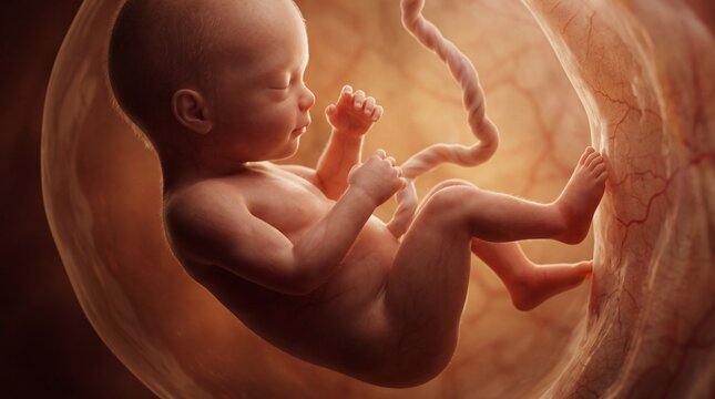 Human Fetus Developing in Womb with Umbilical Cord
