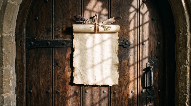 Rustic door with hanging woven cloth and dried plants