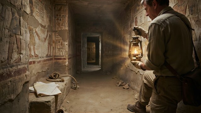 Archaeologist Exploring Ancient Tombs with Lantern in Undiscovered Site