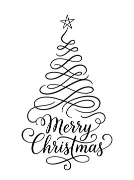 Merry christmas calligraphy lettering with stylized swirl tree