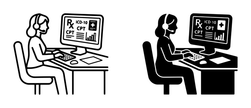 Medical Billing and Coding Icons, Healthcare Administration Workflow, Computer Screen with ICD-10 and CPT Codes, Professional Service Illustration
