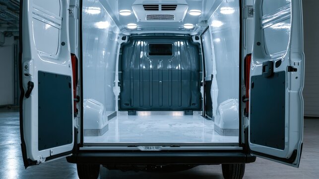 Spacious and Clean Empty Cargo Van Interior with Bright LED Lights Ideal for Transport and Delivery Needs
