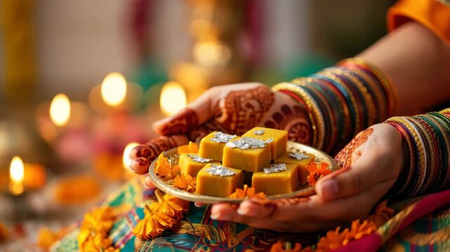 Woman hands with mehndi presenting yellow barfi on decorative plate during Dussehra festivities sharing traditional mithai as sweet treats for Vijayadashami celebration with warm glowing lamps