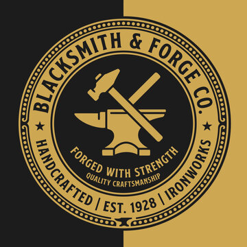 Vintage blacksmith and forge company logo badge design featuring an anvil, hammer, and industrial ironworks text elements
