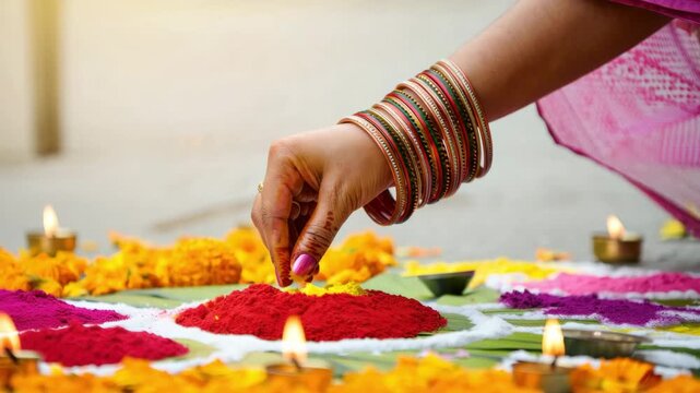 hand creating colorful rangoli decoration with flower petals during Dussehra celebration preparing traditional festive floor pattern for Vijayadashami ceremony at home