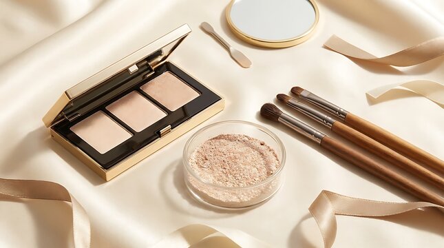 Professional makeup palette with soft cosmetic brushes and facial powder puff for beauty routine. shimmer eyeshadow tips