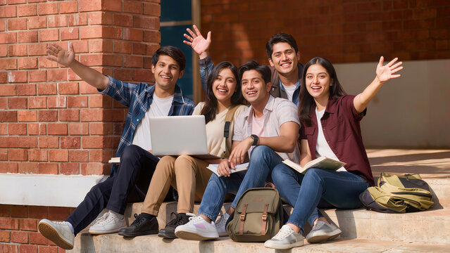 Happy group of young Indian college students sitting on campus steps raising hands in excitement