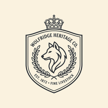 Vintage crest logo featuring a stylized wolf head inside a shield with a crown and leaf wreath for a heritage livestock company