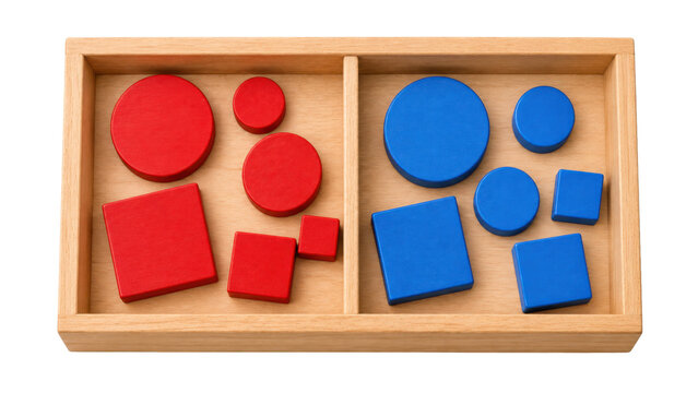 Montessori shape sorting tray, red and blue wood circles and squares in two sections, no branding isolated. Montessori sensory aid isolated on white background.
