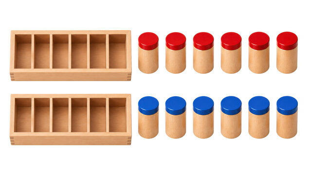 Montessori sound cylinders, wood shakers with red and blue lids beside empty boxes, no branding isolated. Montessori sensory aid isolated on white background.