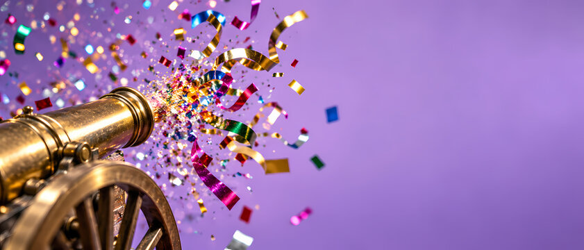 Close-up of a vintage cannon firing vibrant colorful confetti across a soft purple backdrop, creating a festive celebration scene with dynamic motion and generous copy space. Joyful party concept for 