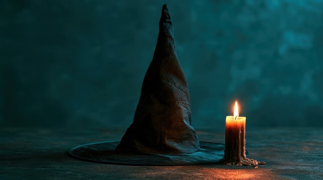 Dark mystical pointy hat next to burning candle with melting wax on textured surface with foggy moody background for magical theme